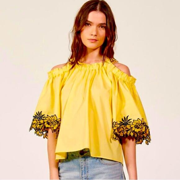 Sandro Tops - Sandro Paris Purity Floral Embroidered Yellow/Navy Cold Shoulder Top